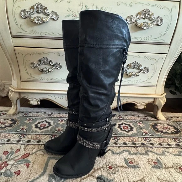Not Rated Stacey High Harness Slouchy Boots Rhinestone Straps And Buckles - Picture 9 of 16